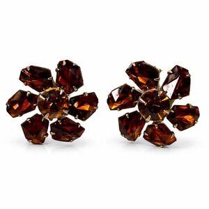 Vintage Amber Glass Flower Clip On Earrings Gold Tone Mid Century Statement